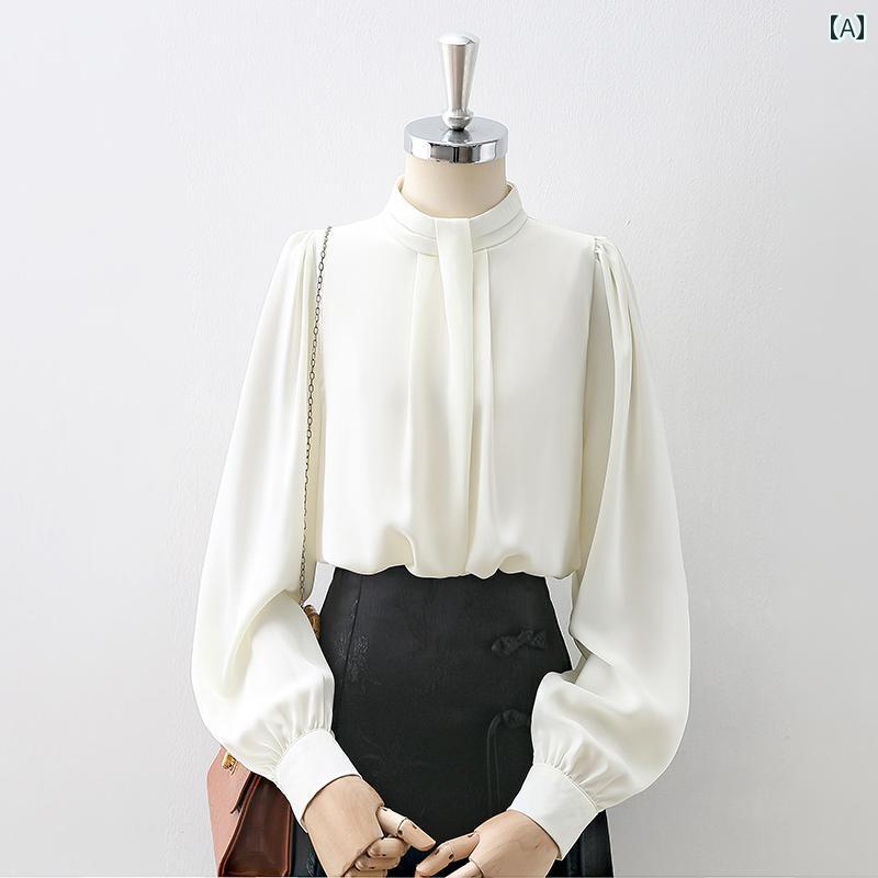レディース トップス ブラウス 通勤 オフィス 長袖 シャツ 春 スタンドカラー モダン スタイリッシュ 美しく シック フェミニン プルオーバー