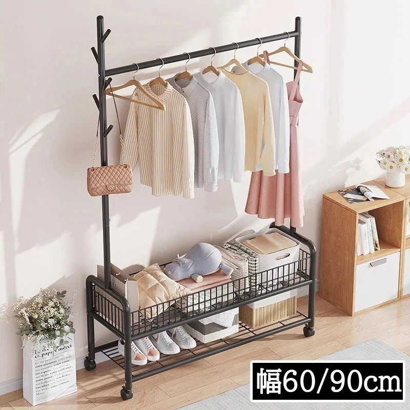 1つ買うと10個無料ハンガーラック 頑丈 幅60cm 90cm 棚付き キャスター付き コートハンガー バスケット 洋服掛け コート掛け 収納 多機能 大容量 組立品 たっぷり収