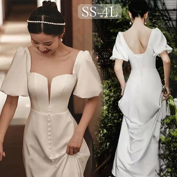 .再入荷なし！売り切りウェディングドレス ホワイト 白 ロングドレス バルーンスリーブ 袖あり 背中開き 編み上げ 花嫁 結婚式 披露宴 お呼ばれ 20代 30代 40代 前撮り 後撮り フォト婚 b