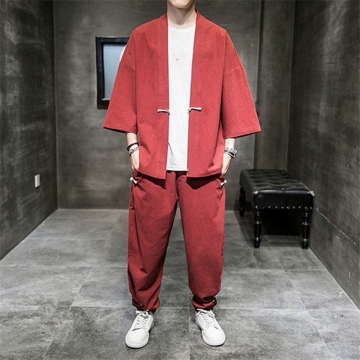 甚平 メンズ 夏 上下セット 浴衣風 作務衣 ストライプ 七分袖 和式 祭り 男性用 秋 半被 半纏 部屋着 ビッグシルエット 花火大会 ゆったり 和風 ロングパンツ