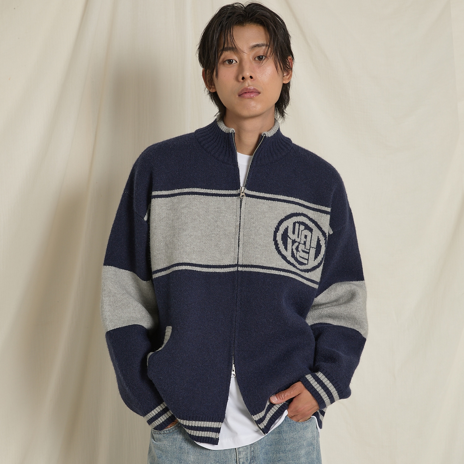 Colorblock Logo Zip-up Cardigan NAVY