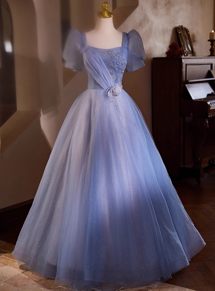 カラードレス オーキッド キラキラチュール Aライン パフスリーブ 編み上げ クラシカル