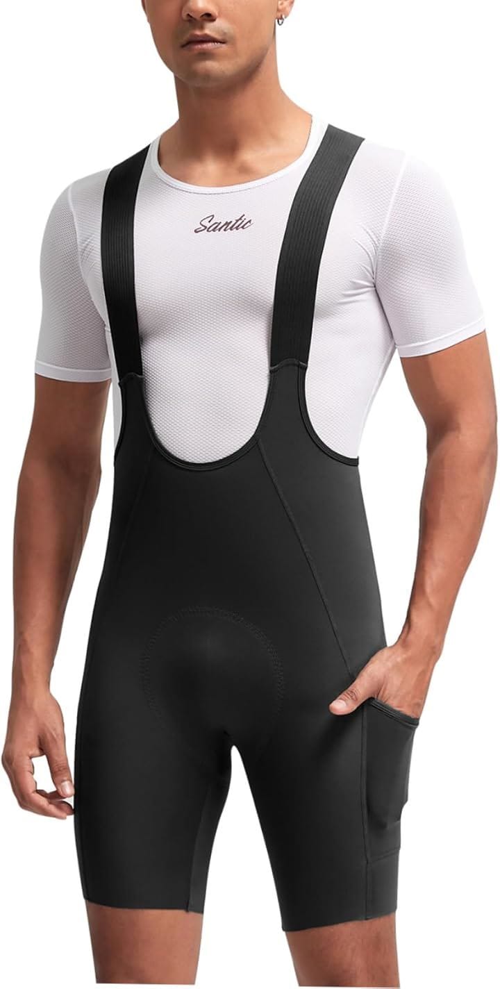 メンズ サイクルパンツ サイクリングビブパンツ ビブショーツ レーサーパンツ 春夏 吸汗 速乾 弾力 パッド付き ポケット ロードバイク 自転車(ブラック, L)