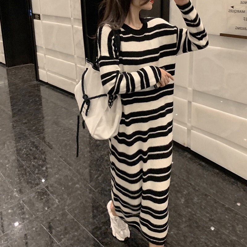 ニットワンピース ニット シンプル カジュアル ミドル丈 ロング丈 袖あり 長袖 ラウンドネック