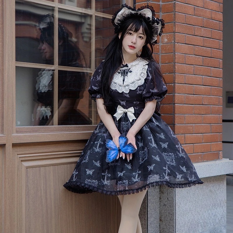 Lolita オリジナル刺繍プリント自然な蓬度取り外し可能袖op四季スカート 二次元 文化祭 メイド服
