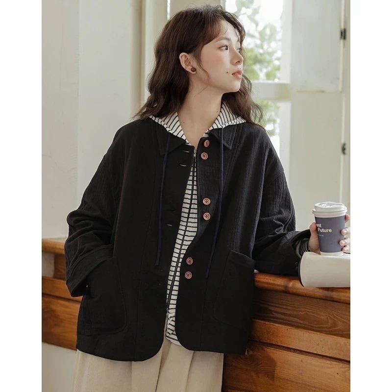 【急速発送】2025秋レトロアート生黒肌理感北欧ショートパーカーブレザージャケット 韓国ファッション秋の万能アイテム
