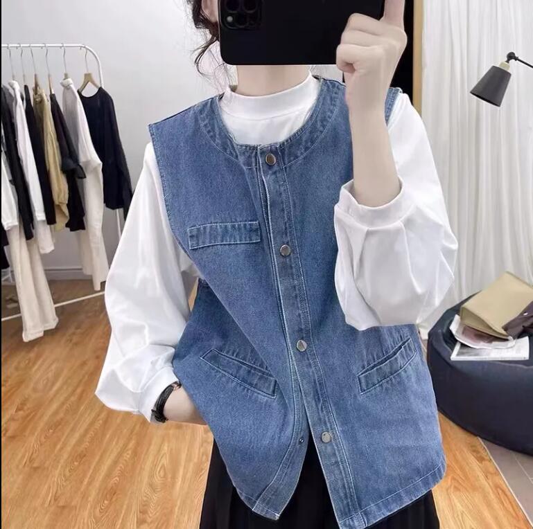 の丸首デニムベスト女性ゆったりトップスカンバンノースリーブジャケット