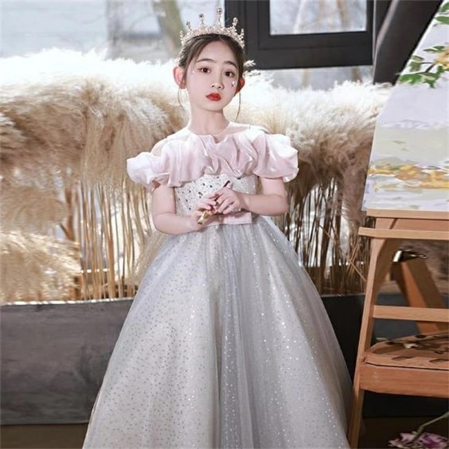 ライトグレー ロングドレス　キッズ　ドレス　子供ドレス　Aライン　マキシ丈　フォーマルドレス　ワンピース　キッズ服 子供服 女の子 子ども　発表会　七五三　演出舞台結婚式卒業園　入園式 ピアノ　11