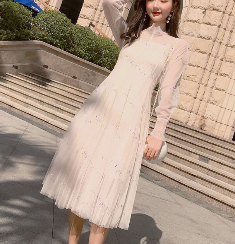 4色 ワンピース 長袖 春 きれいめ 大きいサイズ 低身長 フォーマル フレア チュールスカート ミモレ ミモレ丈 ぽわん袖 ボリューム袖 袖コンシャス パフスリーブ 萌袖 ハイネック チュール シフ