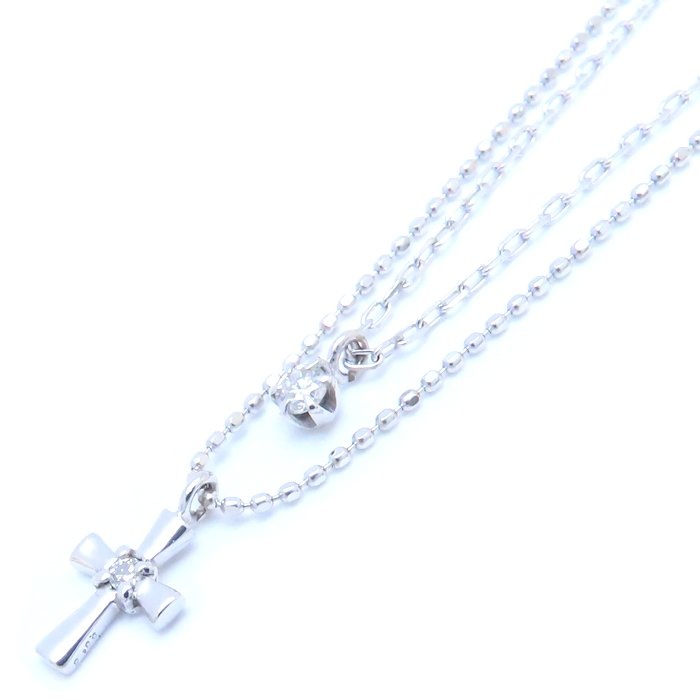 ダイヤモンド クロス ネックレス Wチェーン ダイヤモンド0.05ct/0.016ct K10WG ホワイトゴールド/76063【中古】