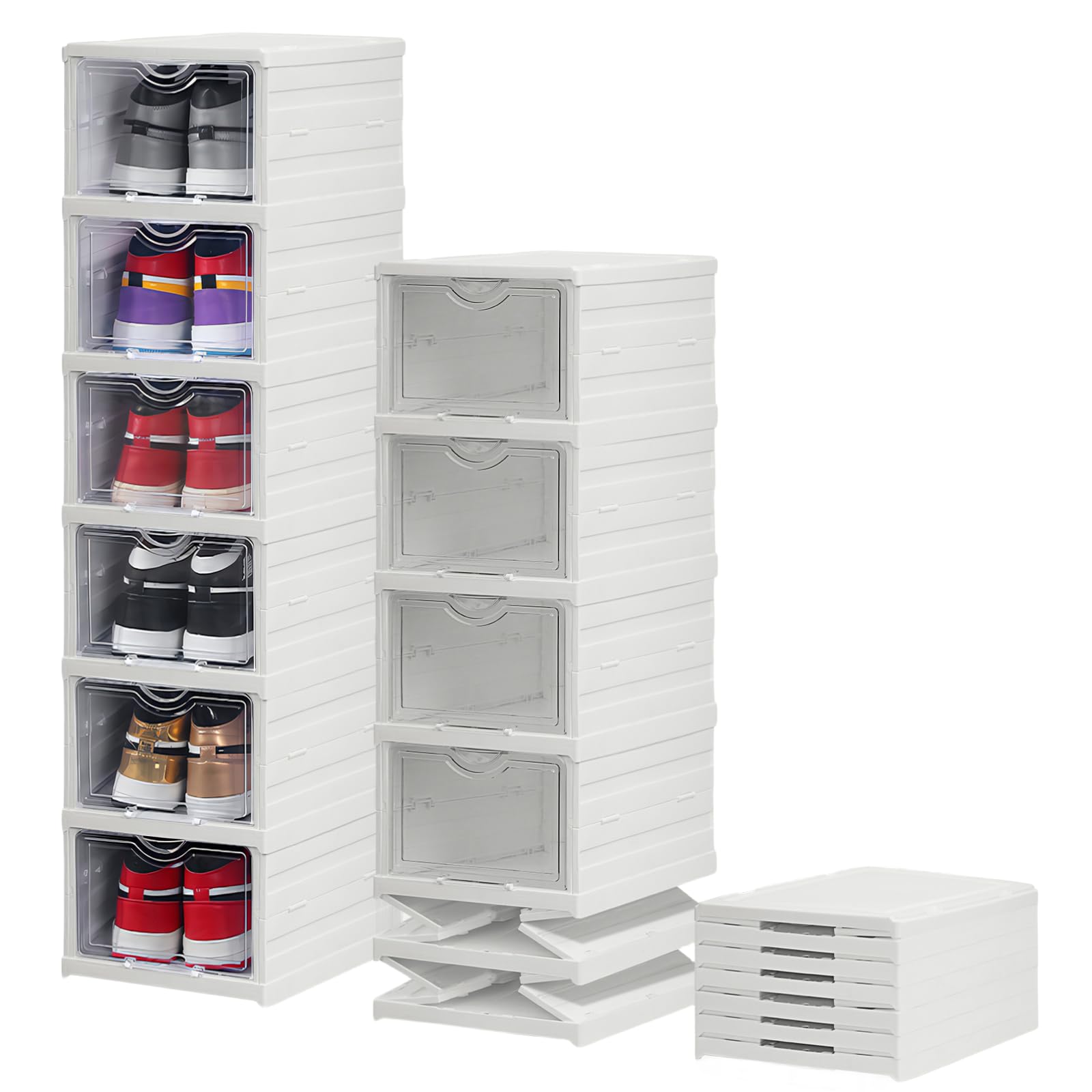 QYONLINE シューズボックス 6段 折りたたみ 一体式 スニーカー収納ボックス シューズケース シューズ・靴収納 収納ボックス 透明 シューズ収納ラック 開閉式扉 クリア 靴棚 靴箱 下駄箱 大