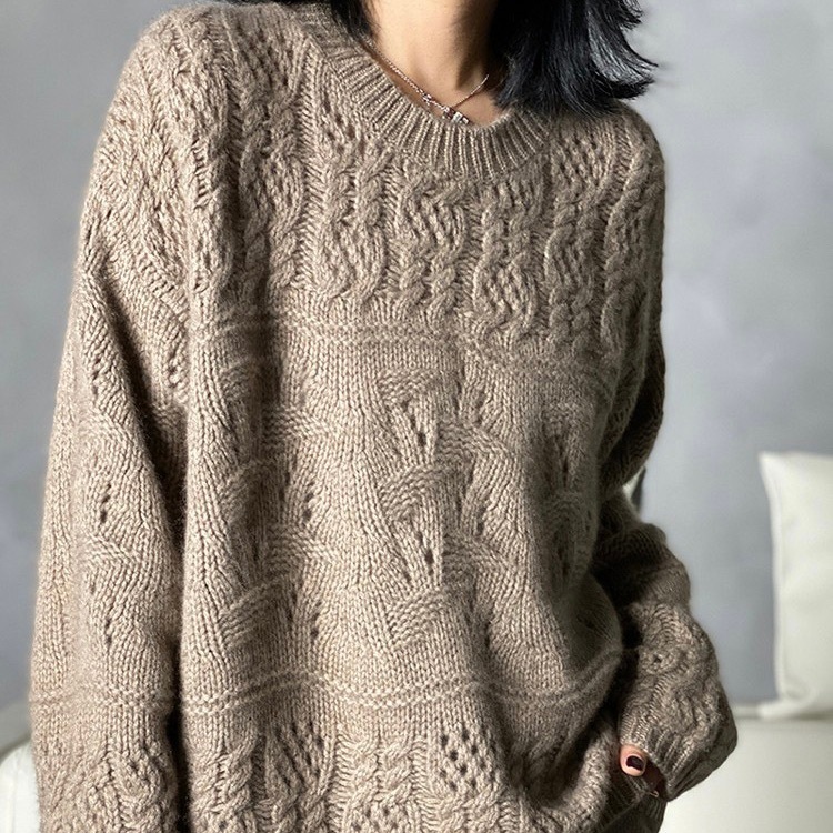 レディース トップス ニット セーター プルオーバー 長袖 Uネック ラウンドネック オーバーサイズ ストリート ケーブルニット 編み込み 透け感 ウール かわいい 大人可愛い きれいめ シンプル