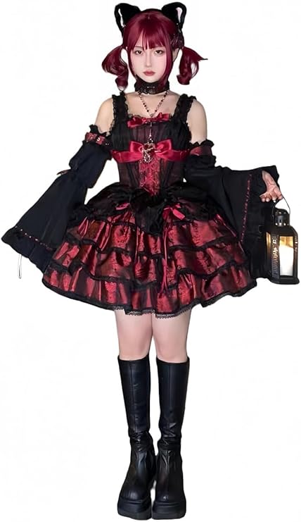 セットアップ レディース ジャンパースカート ロリータ ワンピース コスプレ ドレス 姫袖 取り外し可能 蝶結び リボン フリル レース ギャザー 洋服 病みかわいい きれいめ 普段着 喫茶店