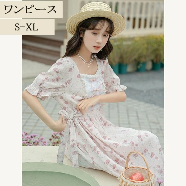 夏 ワンピース Lolitaロリータ花柄 可愛いレディース半袖 学生 大人 おしゃれ 家着 外出用 ピンク色　姫様 肌触りのいい 人気 お呼ばれ お嬢様