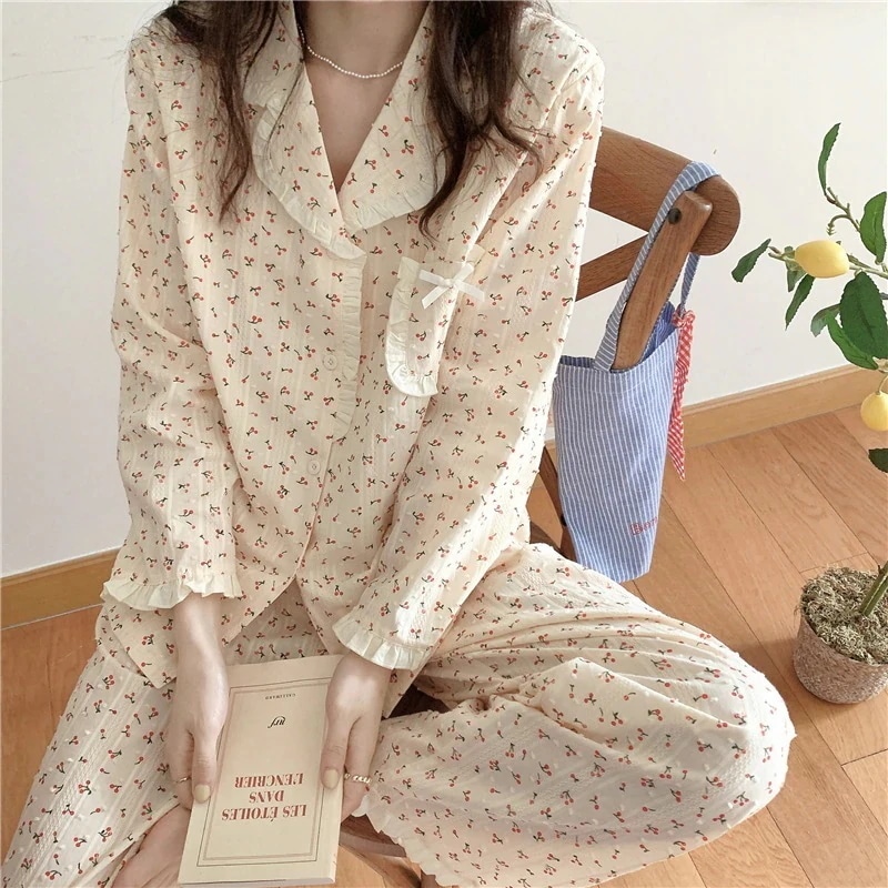 カップル韓国insさん新品コットンジャカードパジャマフリルプリントがかわいいリボン部屋着セットセットアップ ジャージ ルームウェア ペアルック レディース