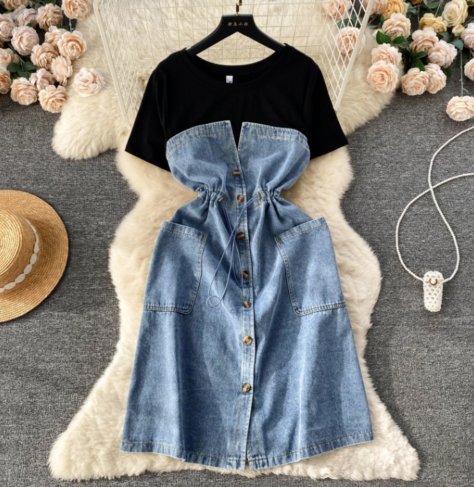 韓国版2つのワンピースフランス式高級感の丸首の半袖腰のデニムの長いスカートをつなぎ合わせ 5,994円