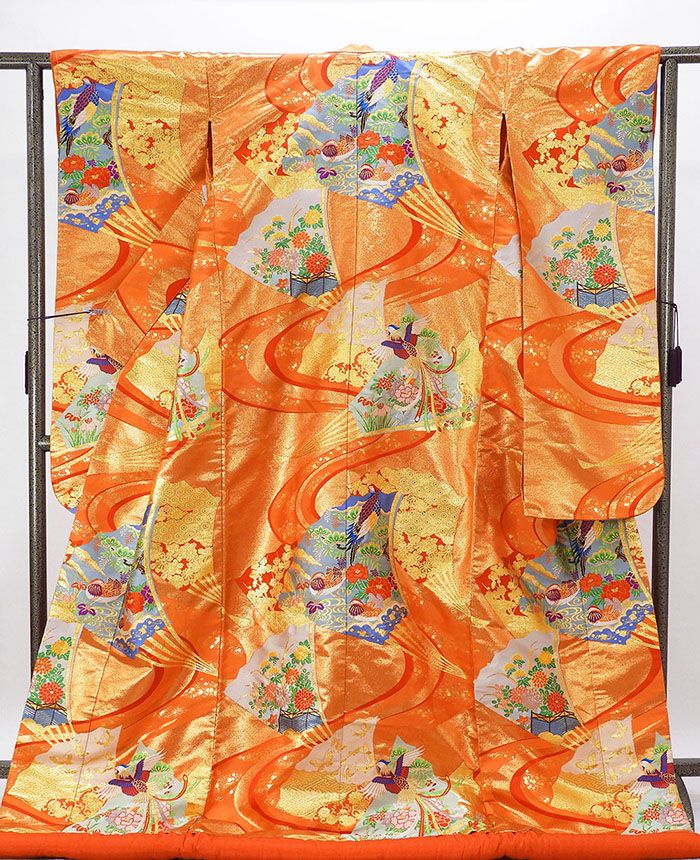 色打掛 正絹 吉祥 花鳥 四季花 打掛 花嫁衣裳 婚礼 美品 中古 リサイクル ブライダル ウエディング 着物 e3219