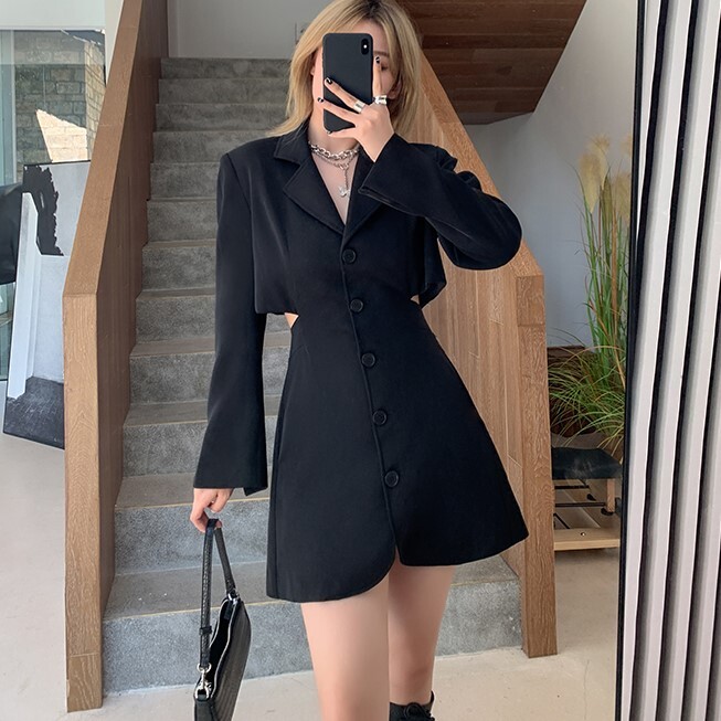 ワンピース ワンピドレス スーツ風デザイン ミニ丈 袖あり 長袖 襟付き スーツ襟 Aライン 背中見せ かわいい 大人可愛い おしゃれ かっこいい 大人女子 こなれ感 クール モード系 セクシー