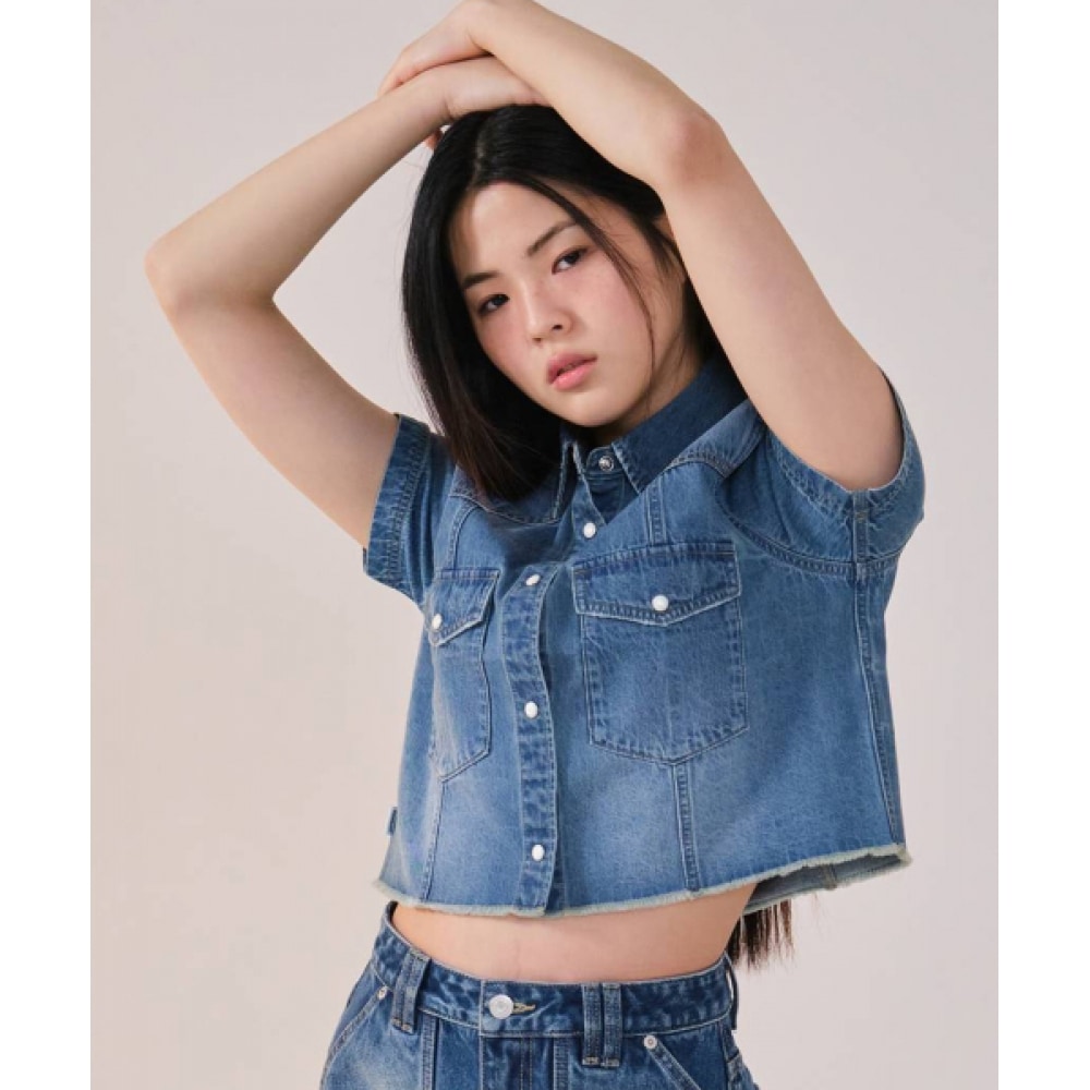 COVERNAT 女性用ポケットデニムハーフシャツブルー