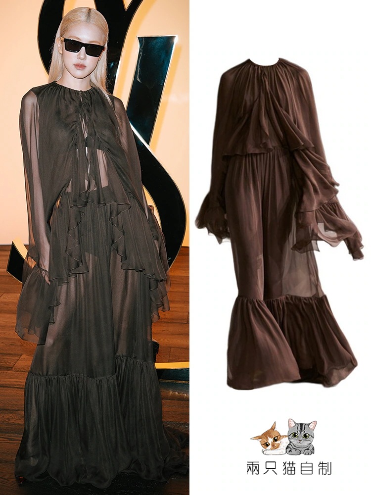 【2枚購入で200円 OFF！急速出荷】Park Caiyingローズメッシュシースルードレープトッププリーツスカートスーツ