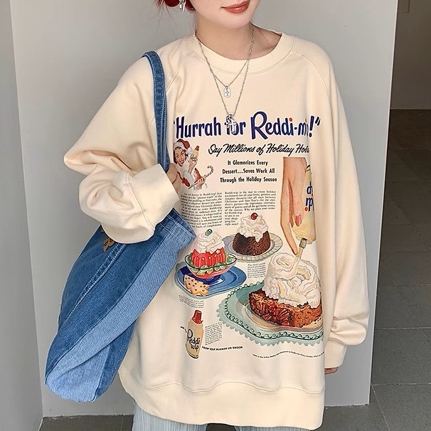 スウェット レディース 2色 デザートプリント トップス 裏起毛 cake ビッグスウェット トレーナー イラスト 大人可愛い ママコーデ 韓国 オルチャン 人気 トレンド 新作 20代 30代