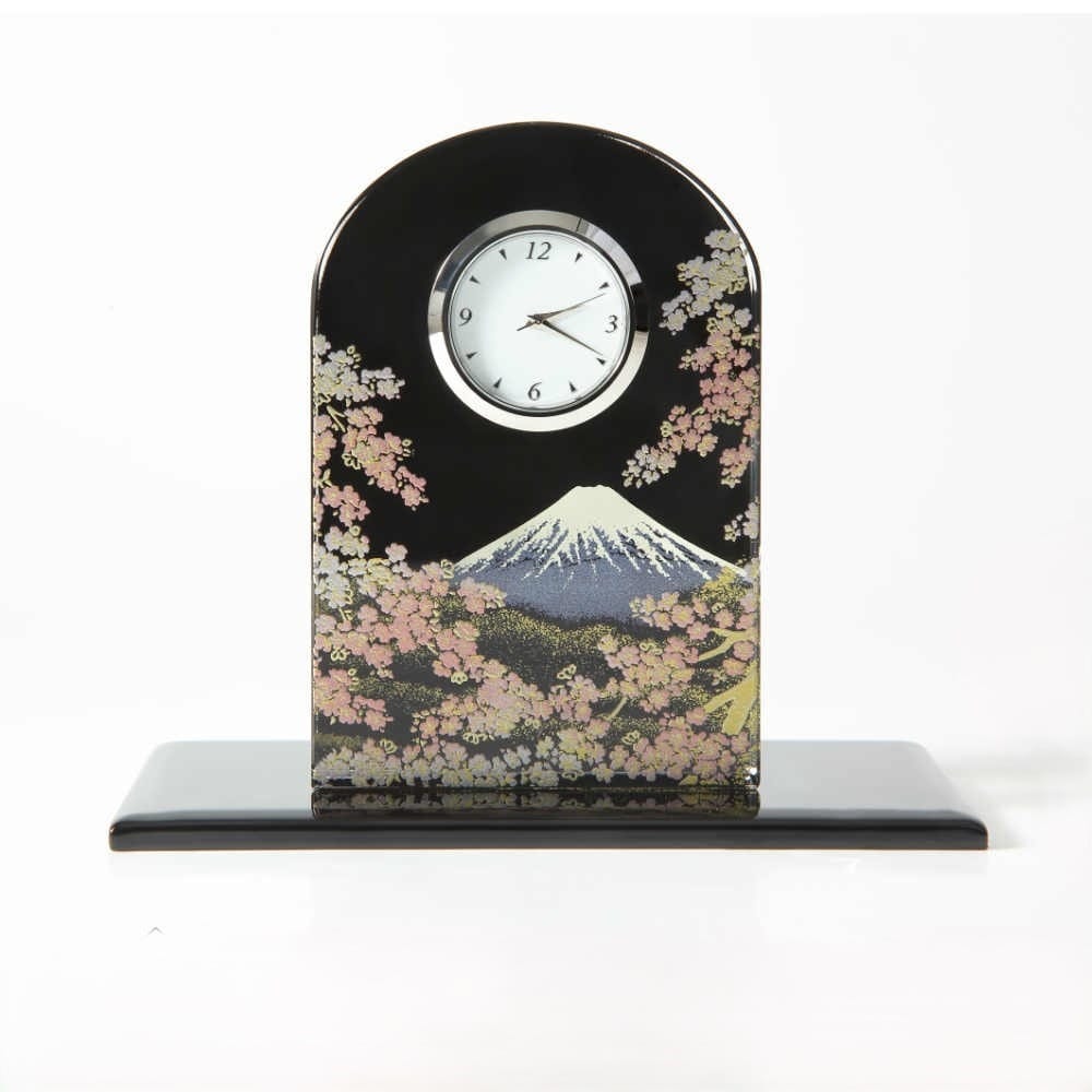 置き時計 置時計 ガラス 富士に桜 ギフト プレゼント 敬老の日 母の日 父の日 富士山 日本 お土産 オシャレ おしゃれ 卓上 インテリア クロック 和風 和柄 置き台付