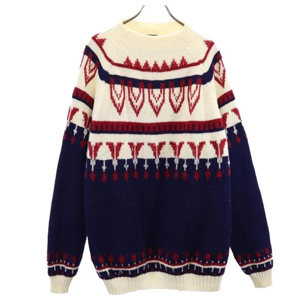 80s ヴィンテージ 総柄 長袖 ニット セーター XL ホワイト系 メンズ