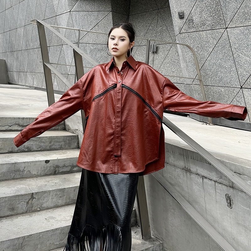 【J.Fashion】 リバーシブル レザーブラウス 両面で着られる おしゃれ 個性的なデザイン レディース レザーシャツ ライダーズ ジャケット メガ割