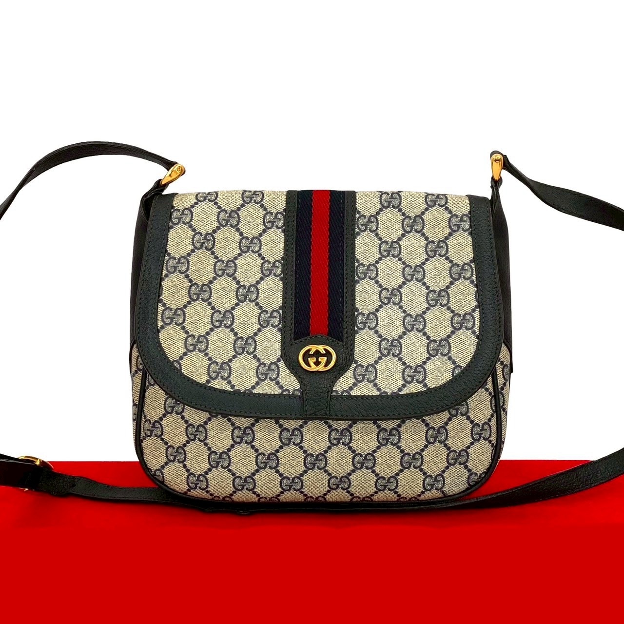 ヴィンテージ シェリーライン GG ロゴ 金具ショルダーバッグ レザー PVC ネイビー a15-8 43,290円