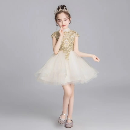 子供 ドレス ミニ 膝丈 白 キッズドレス ピアノ 発表会 女の子 ドレス 結婚式 フォーマル 子供服 ワンピース フレアスカート 半袖 フレンチスリーブ スタンドカラー チュール 刺繍 レース ビジ