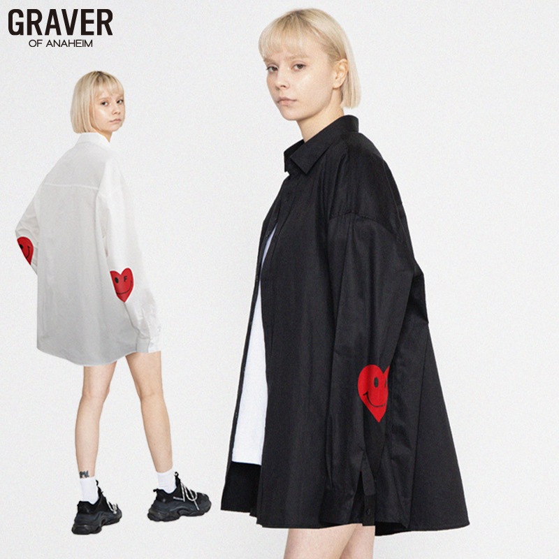 [UNISEX]エルボーハートスマイルオーバーフィットワイシャツ_2color