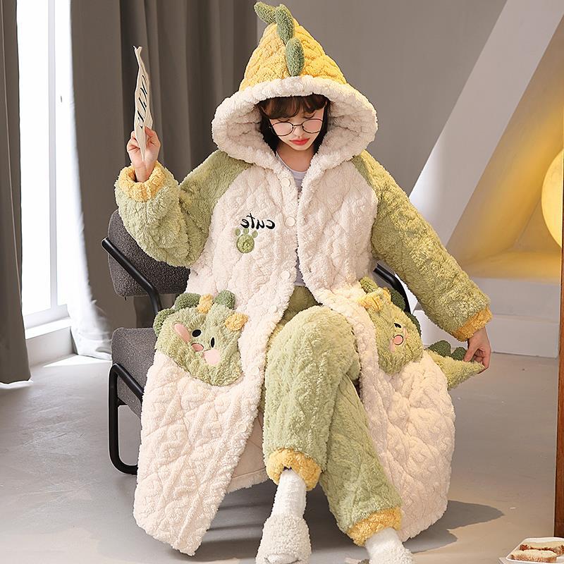 ミディアムガウンパジャマ女子部屋着冬スーツの外にかわいい帽子を着てゆったりとした3層の綿を挟んで保温 C53-374