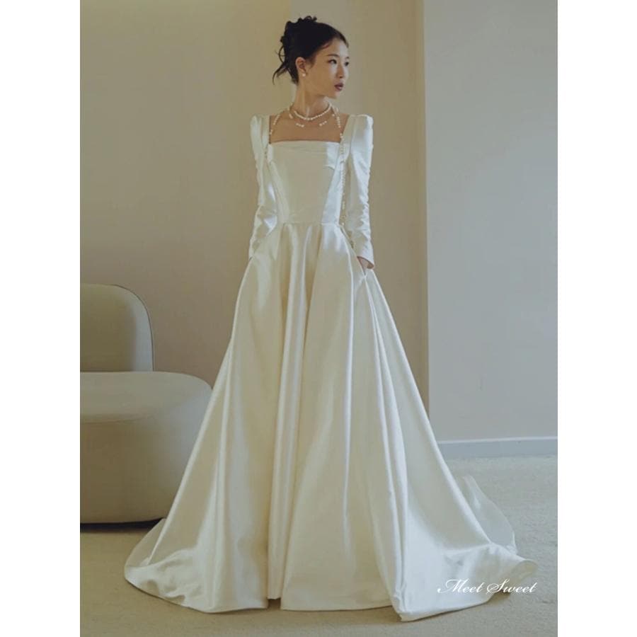 ウェディングドレス ロングドレス Aラインドレス 長袖 サテン スクエアネック ファスナー 二次会 結婚式 前撮り ブライダル 花嫁 ウエディングドレス