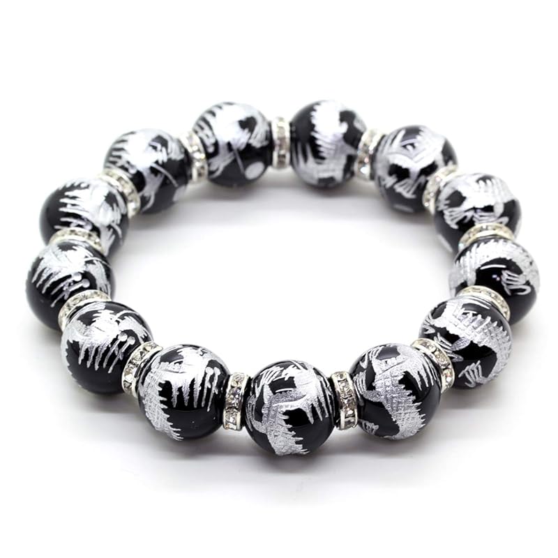 [石輝] 銀彫り五本爪皇帝龍オニキス16ｍｍシルバーロンデル数珠ブレスレット パワーストーン [b335]