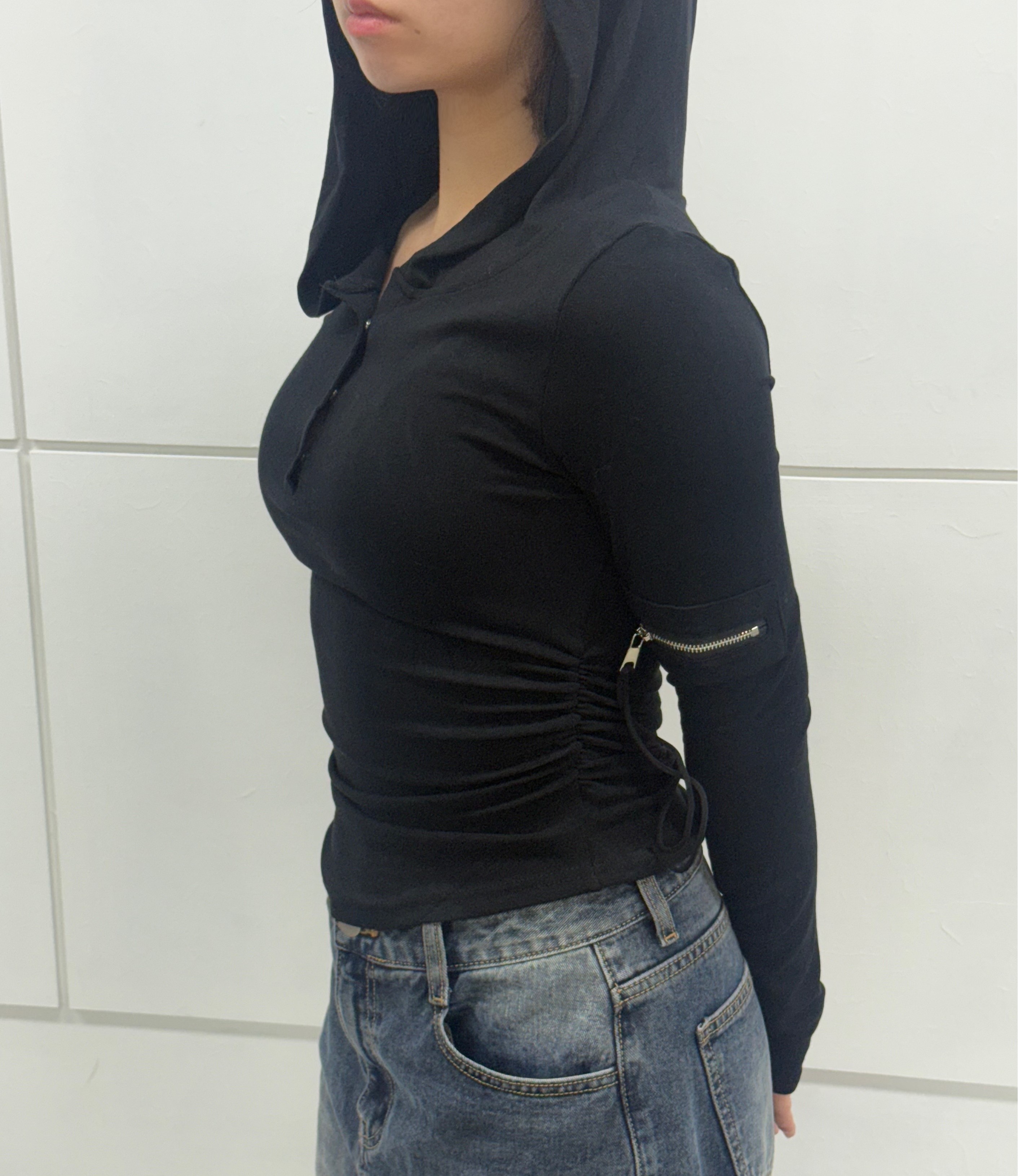 슬림 포켓 후드 긴팔티 셔링 헨리넥