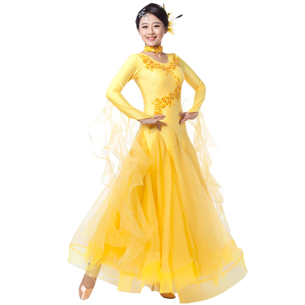 社交ダンス 大きい裾 豪華 モダンドレス ワンピースドレス 演出服 スタンダードドレス キラキラビジュー付き インターナショナルダンス 競技会 ワルツ服 練習着 競技用 ステージ衣装 パーティー