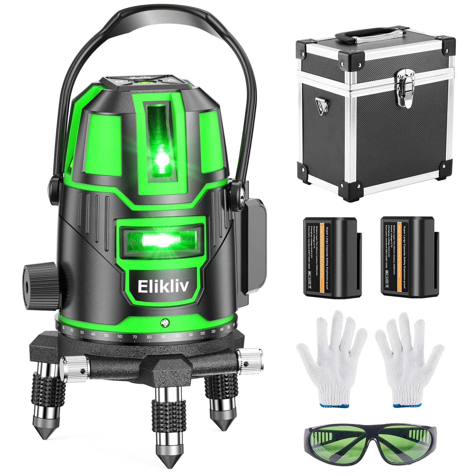 レーザー墨出し器 レーザー 水平器 レーザー レベル グリーン 5ライン 4方向大矩照射 360微調整 大容量バッテリー2個 高輝度 高出力 自動補正 軽天作業 測量建築 DIY 79335