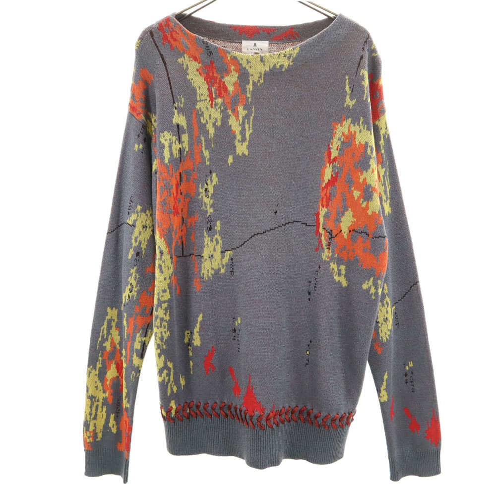 リネンブレンド 総柄 長袖 ニット 48 チャコールグレー セーター レディース 古着 5,114円