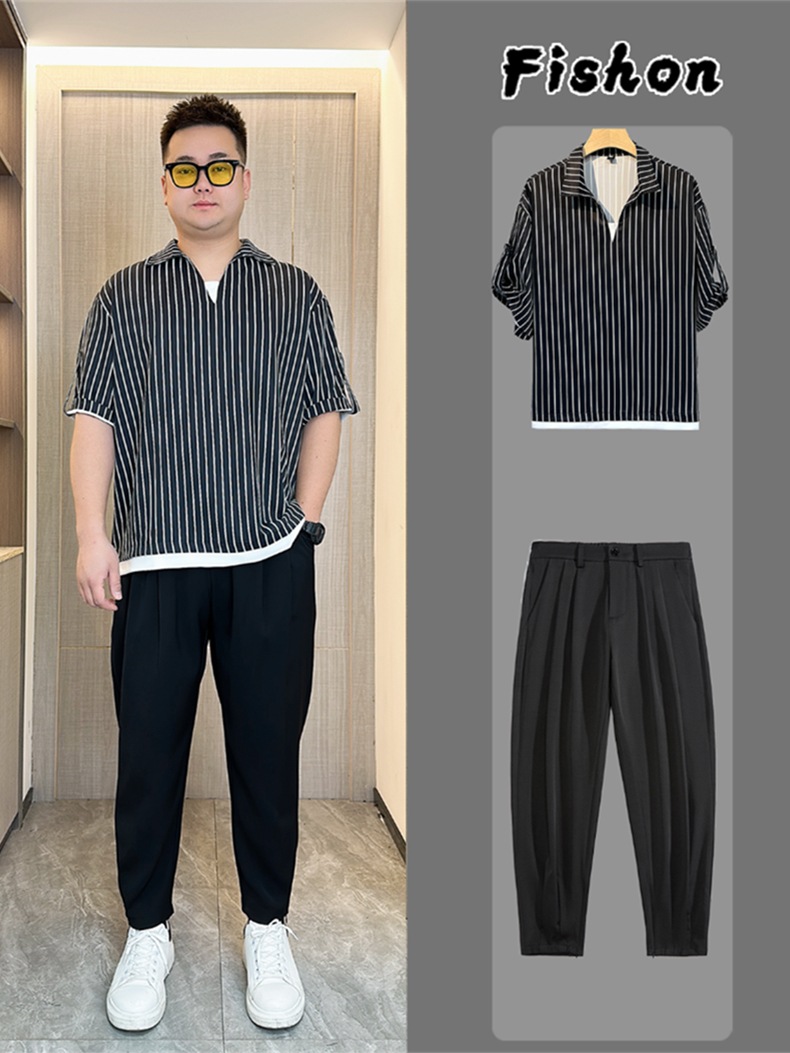 夏新作 大きいサイズ メンズセットアップ フェイクレイヤード 半袖 トップス+ズボン 2点セット ゆったり カジュアルセット