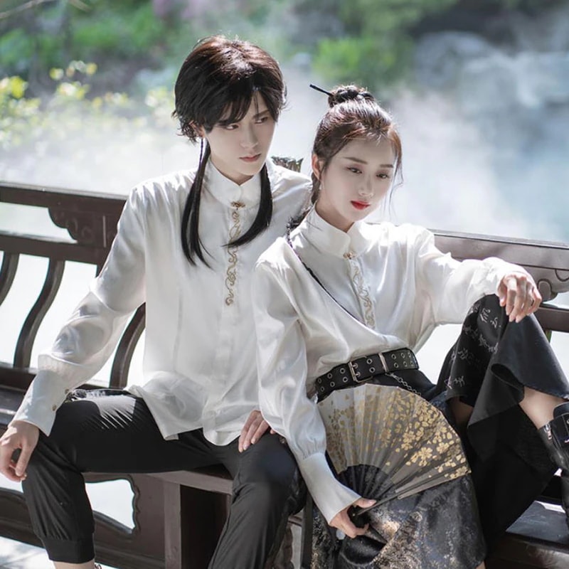 【快速出荷】チャイナ風シャツ ブラウス スタンドカラー レディース 刺繍トップス メンズ オリジナル 男女兼用 チャイナ風トップス 留め具