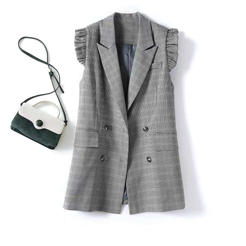 フリルベスト ベスト ジレ フリル袖 チェック グレー ポケット ボタン テーラード