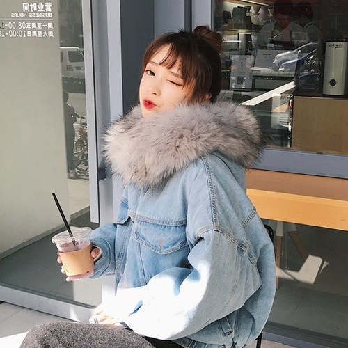 5220.もこもこフードファー付きデニムジャケット（グレー）2019 春夏 sale 春夏 sale アウター コート 美ライン おしゃれ きれいめ オフィス ビジネス お出かけ パーティー 女子会