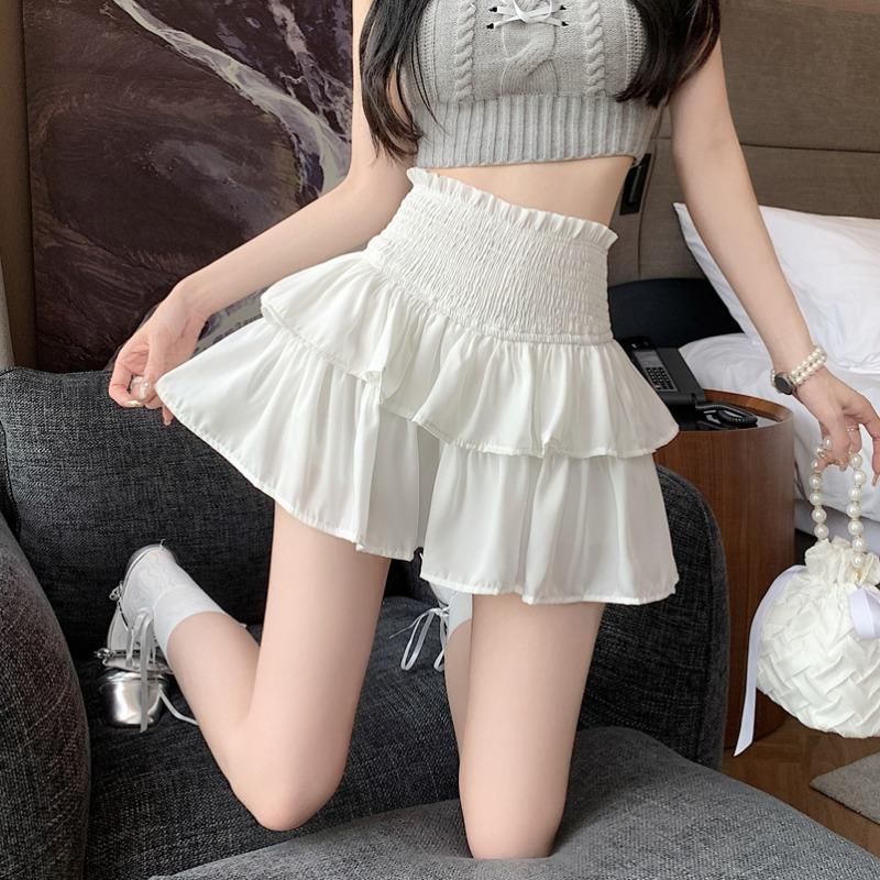 【1つ買うと10つ無料】ピュアホワイトハイウエストスリムショートスカートスプリングアンチエッジポジュアリング春と夏のスタイルレースケーキスカートパンツ