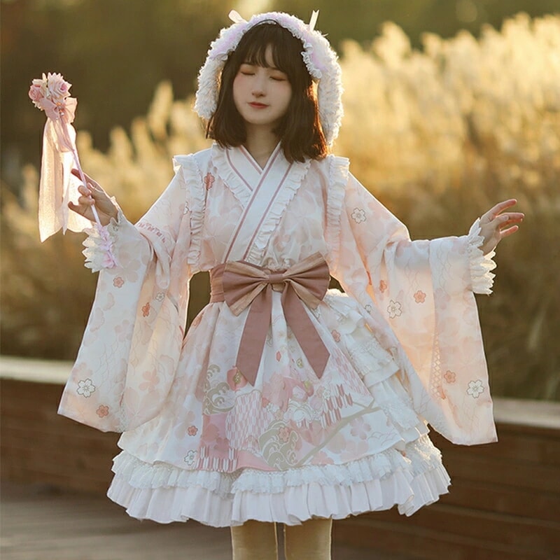 和風 ロリータワンピース ロリータドレス 甘ロリ ゆったり 長袖ワンピース フリル リボン 可愛い 原宿 ガーリー 甘め キュート 春秋