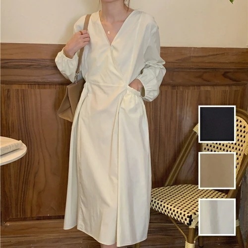 ワンピース カジュアル ロング マキシ丈ワンピ 韓国 ファッション レディース 秋 冬 カジュアル コーデ シンプル 定番 セレカジ 20代 30代 40代 2025 カシュクール風 ギャザーオ