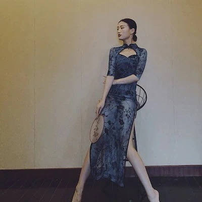 着痩せ 花柄ドレス エレガントチャイナドレス セクシー スリットスカート 透かし彫りパーティードレスマーメイドスカート30%制限