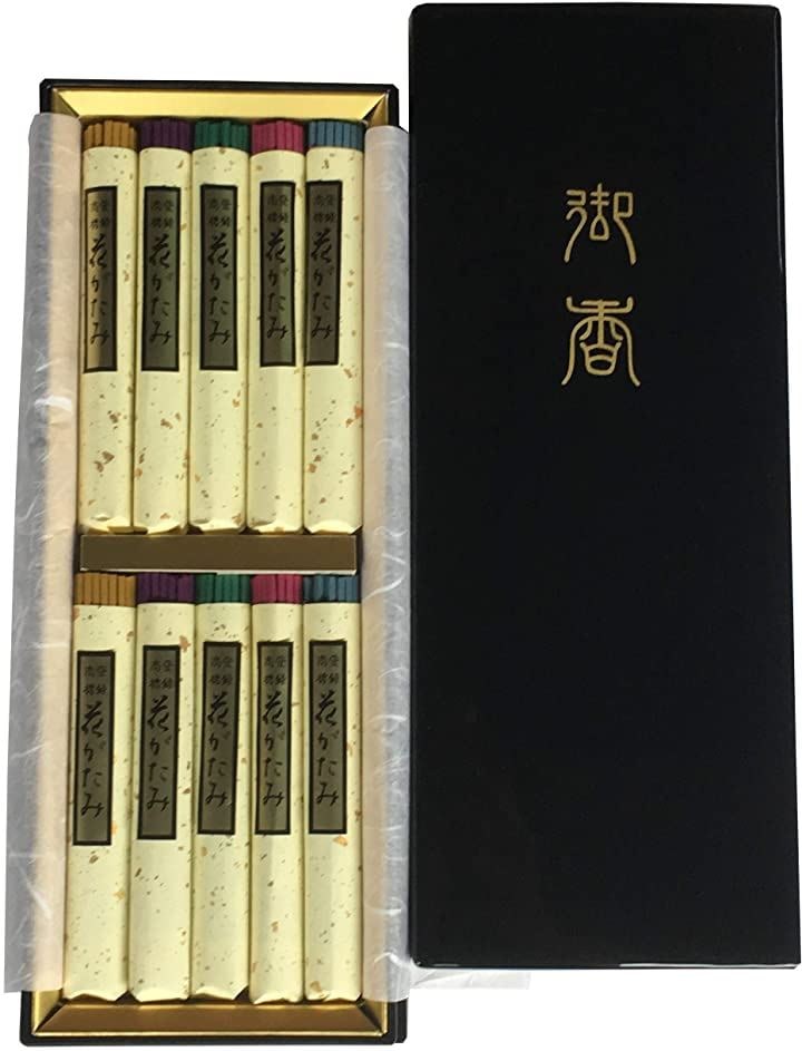 包装 蓮のし付き 花がたみ五色香 10把入塗箱/ 日本製 国産 淡路島 ばいくんどう 線香