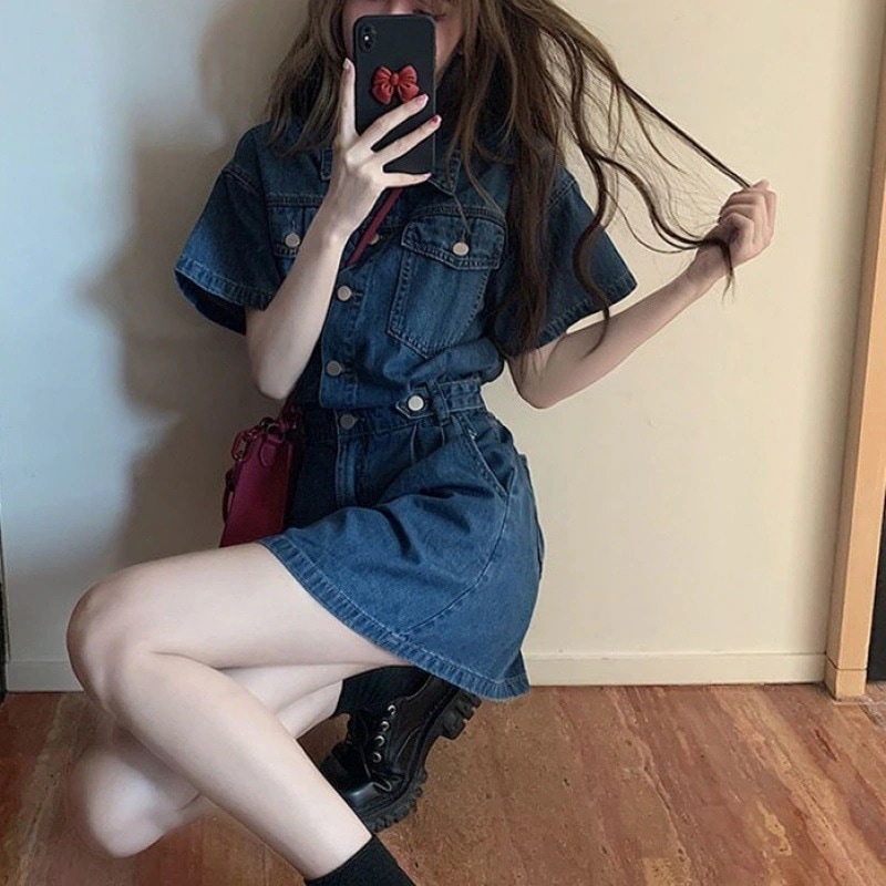 フレンチ・ミニPLネックデニムワンピース女 小柄で腰を収めて細く見えるレトロな版夏のa字スカート他のワンピース