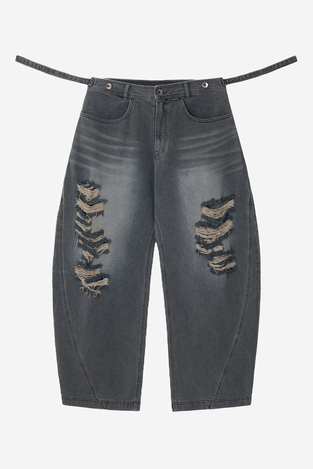 【BLR】 ADJUSTABLE WAIST DESTROYED DENIM PANTS : LIGHT BLUE