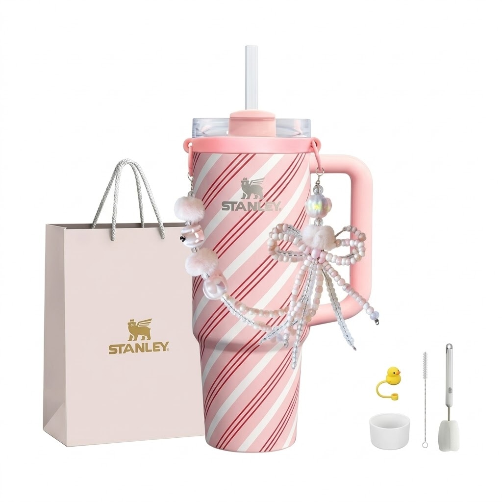 日本未入荷 真空クエンチャー タンブラー 887ml 0.88L ピンク キャンディ ストライプ ストロー付き マグ 蓋付き 保冷 保温 ストラップ チャーム付き タンブラー 魔法瓶 オフィス